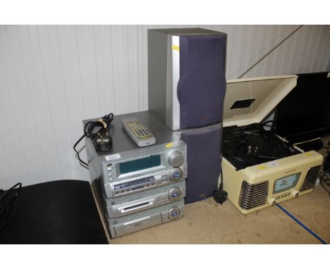 A JVC MX-MD70R compact component CD system comprising stereo and two loud speakers, with remote control