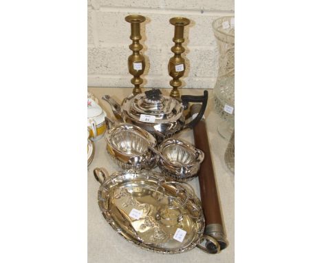 A Gieves Ltd single-draw telescope with leather grip, no.9342, 61cm extended, a three-piece Walker & Hall plated tea service,