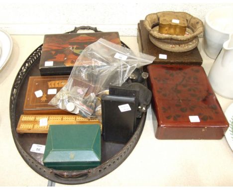 A wooden oval galleried tray, an inlaid wood playing card case, other boxes and miscellaneous items.