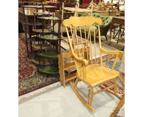 A walnut tea trolley, a modern stained wood stick-back rocking chair, three modern corner whatnots and other items.