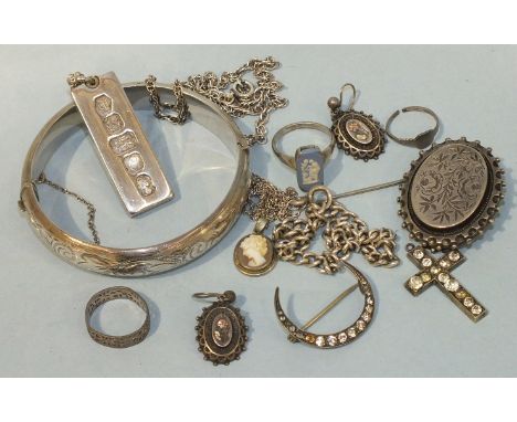 A silver hinged bangle, a pair of Victorian silver earrings and other items.