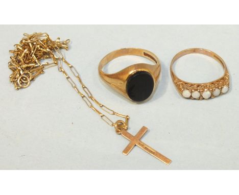 A 9ct gold five-stone opal ring, size S½, 3g, a 9ct gold signet ring set onyx, size U½, 3.9g and a 9ct gold cross on chain, 2