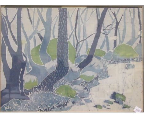 Rosa Seldon, 'Dartmoor River in Winter', batik on cotton, titled and signed verso, 36 x 49cm, Susan Brooks, 'Woodland', signe