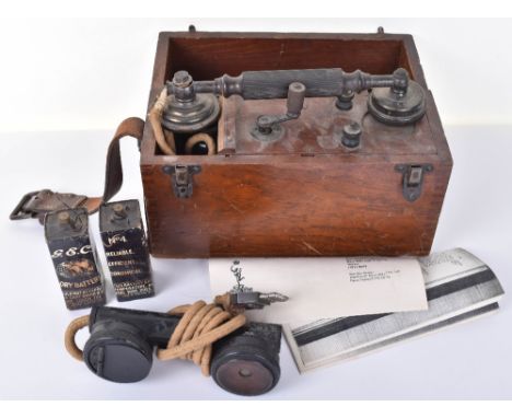 WW1 British Trench Telephone Set, scarce cased wooden WW1 Trench telephone receiver set which retains all the original workin
