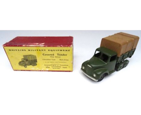 Britains set 1433, Army Covered Tender, RARE final variation split windscreen, matt green finish, with fixed driver in beret,