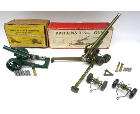 Britains set 2064, 155mm Gun khaki finish with brass elevating wheel and aluminium shells (one missing), and an additional no