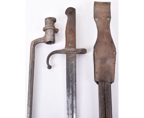 Turkish Mauser Bayonet, being an untouched example, housed in its original leather scabbard with leather frog. Greek re-issue