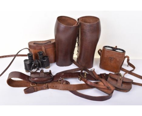 Grouping of British Officers Equipment: consisting of a pair of WW1 period officers binoculars housed in brown leather case; 