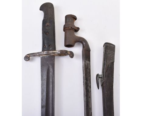 British 1856 Pattern Yataghan Sword Bayonet, with two piece chequered grips. Steel cross guard and muzzle ring. VR crowned ac