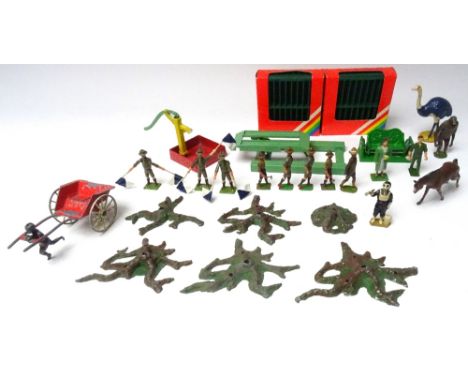 Britains set 163, Boy Scout Signallers (one missing), four Boy Scouts (two repainted) Scoutmaster (embellished), gorilla, two
