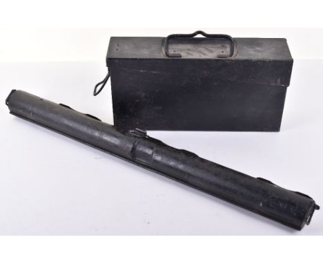 WW2 German Spare Barrel Tube, blackened metal storage tin for Machine Gun barrel. Accompanied by a metal ammunition tin. 
