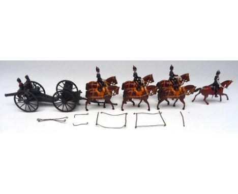 Britains set 144, Royal Field Artillery FIRST VERSION, collar harness team, limber and gun, fumed metal finish, with two seat
