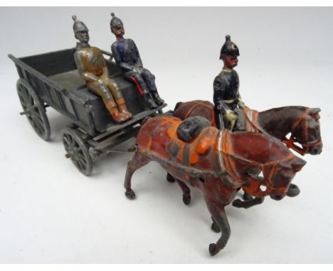 Britains set 146, Army Service Corps two horse Supply Wagon FIRST VERSION, collar harness, with two seated men (Condition Fai
