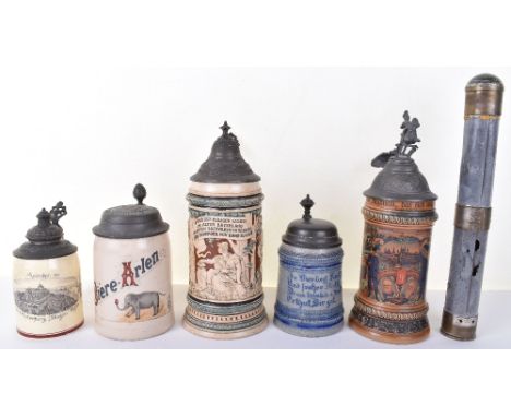Imperial German 9th Infantry Regiment Commemorative Stein, porcelain beer stein with scenes of Imperial soldiers etc. Complet