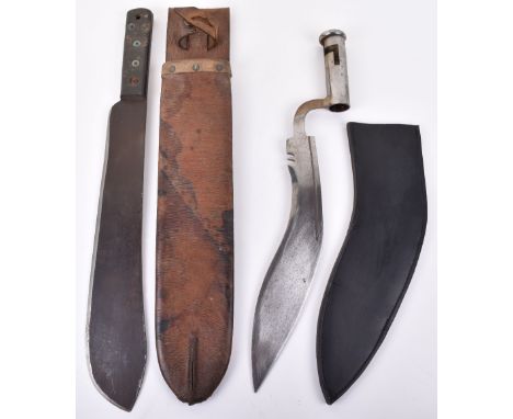 1944 Dated British Military Machete, housed in a WW1 1918 dated leather scabbard. Accompanied by a Gurkha Kukri blade socket 