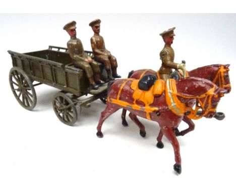 Britains set 146A, Army Service Corps two horse Supply Wagon FIRST VERSION, collar harness, fumed metal finish to wagon, with