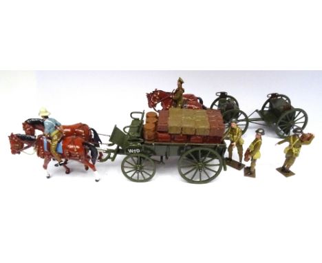 Toy Army Workshop two horse General Service Wagon driver in topee, wagon with load and three men unloading, and two horse dou