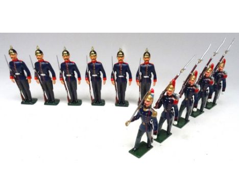 Reproduction Prussian Infantry at attention 80mm scale, and four similar 70mm Infantry with Officer, full dress (Condition Ex