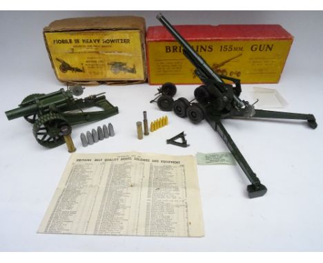 Britains set 2064, 155mm Gun dark green finish with ammunition and set 2107, 18inch Heavy Howitzer, matt green finish in orig
