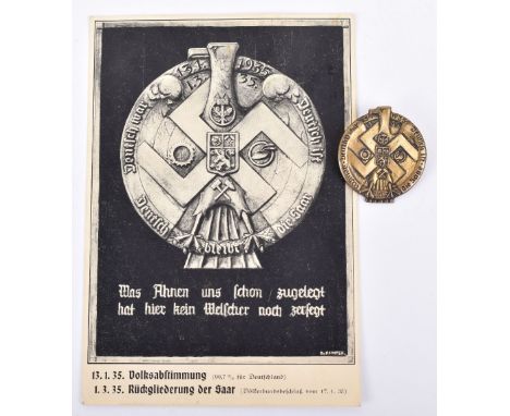 Third Reich Rally Badge and Accompanying Postcard, 1935 Saarland rally badge with pin fitting accompanied by original postcar