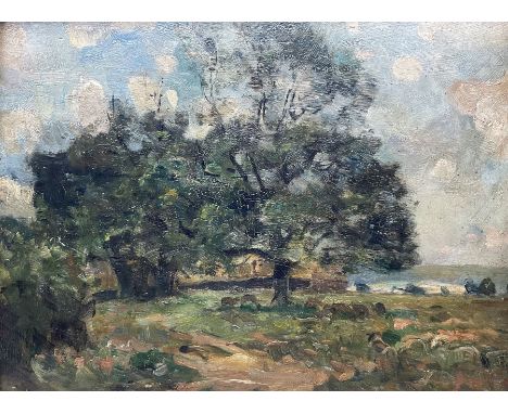 Arthur George Bell (British 1849-1916): Sheep Grazing in Shade in Impressionist Landscape, oil on board inscribed verso 28cm 