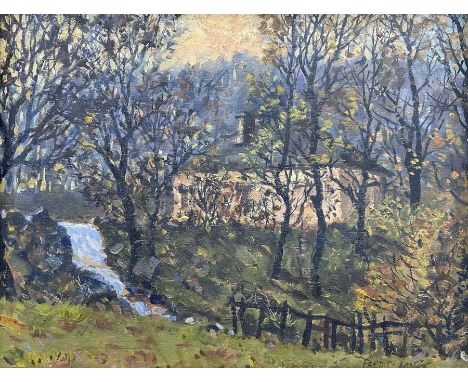 Frederick (Fred) Cecil Jones RBA (British 1891-1966): Woodland Cottage in Winter Light, oil on board signed 20cm x 25cm