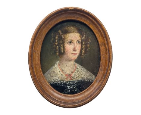 English School (Mid-19th century): Portrait of a Girl with Ringlets, miniature oil on panel unsigned 9cm x 8cm