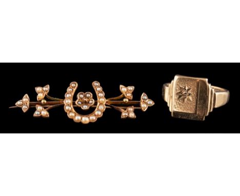 A 9 carat gold diamond signet ring,: the rectangular panel set with an eight cut diamond, stamped 375, ring size N; and an ea