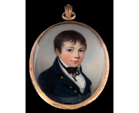 James Leakey [1775-1865]-A miniature portrait of a young Midshipman,:-head and shoulders with brown eyes, wearing a dark blue