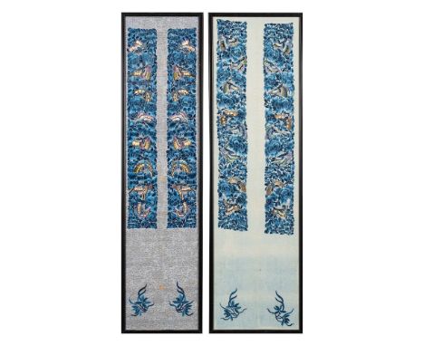 Two pairs of late 19th Century Chinese embroidered cuffs: decorated with butterflies amongst flowerheads, works in pastel blu