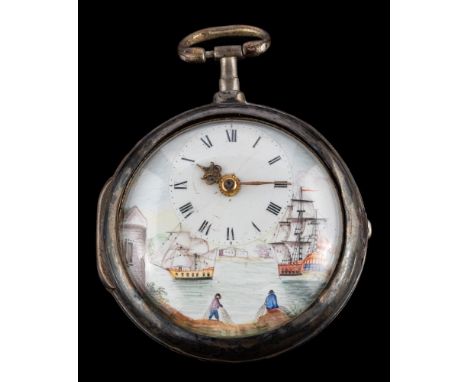 A George III silver pair cased pocket watch,: London 1818, the white enamel dial with black Roman numerals and a painted mari