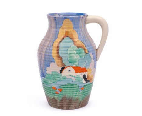 A Clarice Cliff Bizarre Lotus jug: decorated in the Forest Glen pattern with a red roofed cottage in a hillside landscape und