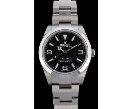 Rolex, Oyster Perpetual, Explorer, Superlative Chronometer, a stainless steel wristwatch,: the black dial with batons markers
