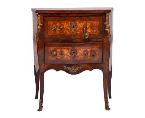 A 19th Century French rosewood, kingwood, floral marquetry and gilt metal mounted bombe commode:, of serpentine fronted outli