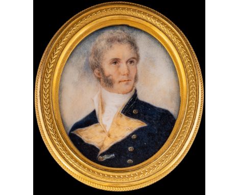 English School early 19th Century-A miniature portrait of a naval captain,:-bust-length, with grey wavy hair, sideburns and b