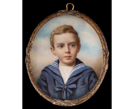 English School Circa 1905-A miniature portrait of a boy in sailor suit,:-head and shoulders, sky background,on ivory, oval 7.