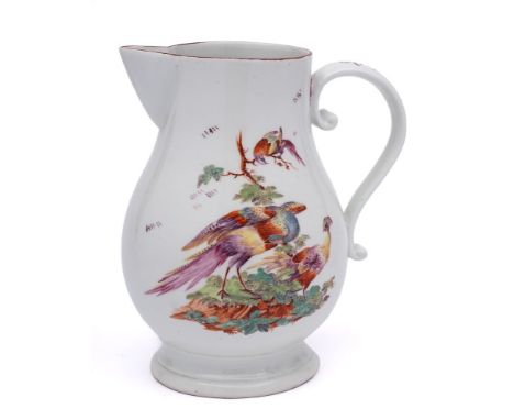 A Derby pear-shaped cider jug: with scroll handle, painted with vignettes of exotic birds in a landscape and perched on branc