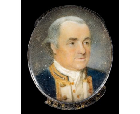 Circle of John Barry [c.1784-1827]-A miniature portrait of a naval officer,:-head and shoulders with powdered hair and brown 