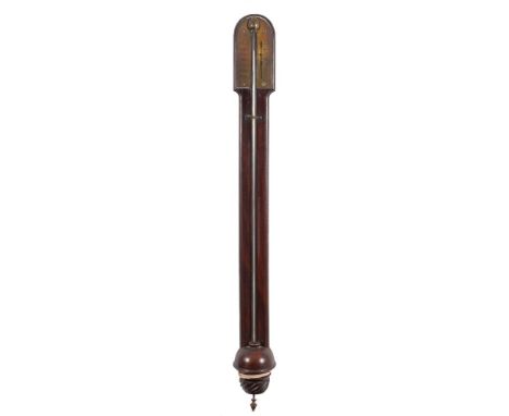 A Georgian mahogany stick barometer: the silvered dial engraved with typical markings and having an inset thermometer, the cu