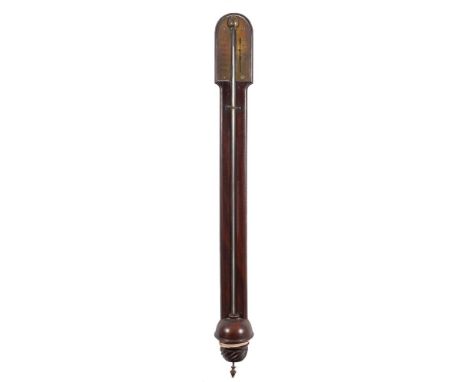 A Georgian mahogany stick barometer: the silvered dial engraved with typical markings and having an inset thermometer, the cu