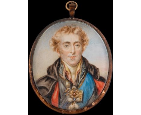 English School 19th Century-A miniature portrait of The Duke of Wellington,:-head and shoulders, sky backgroundon ivory, oval