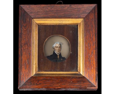 English School 19th Century-A miniature portrait of the Duke of Wellington,:-enamels on glass, tondo 5.5cm, in a rosewood fra