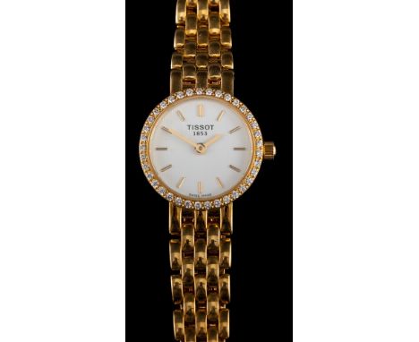 Tissot, an 18 carat gold and diamond wristwatch,: no. H833330, the white dial with baton markers and baton hands within a sur