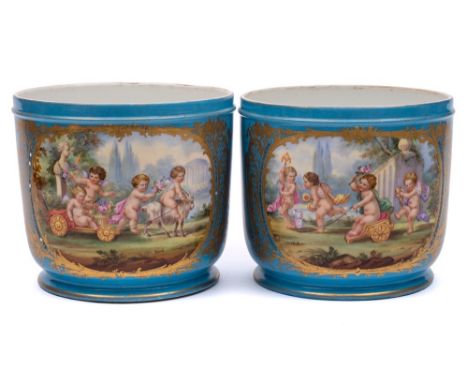 A pair of Sevres-style cachepots: each decorated in the manner of Watteau with cherubs in a classical garden, the reverse wit