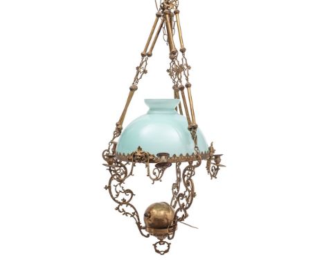 A 19th century French brass rise and fall chandelier: the six inverted scrolling arms issuing from a pierced girdle, with gre