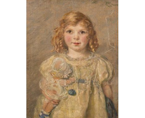 Emily A Brown [19/20th Century]- Portrait of a girl, half-length standing,:-with red hair and brown eyes, holding a dollsigne