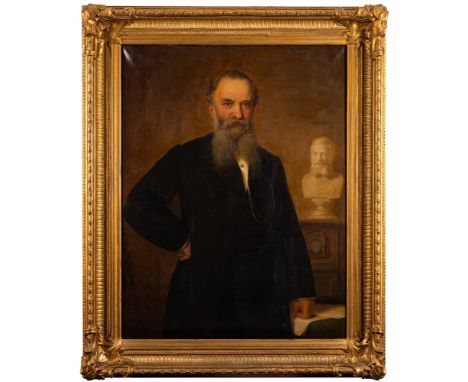 Attributed to Edmund Wodick [1817-1886]-Portrait of Robert Harlow Jnr, founder of Robert Harlow & Co.,:-half-length standing 