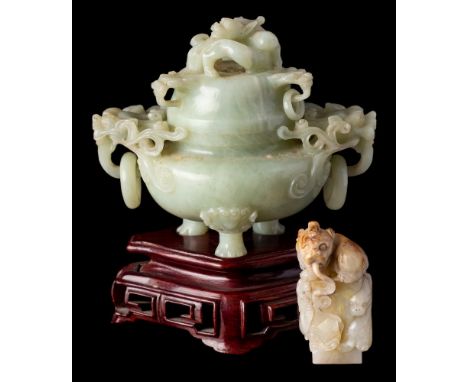 A Chinese jade censer and cover, a jade seal and an inside painted glass egg: the censer carved with lion dog masks and hung 