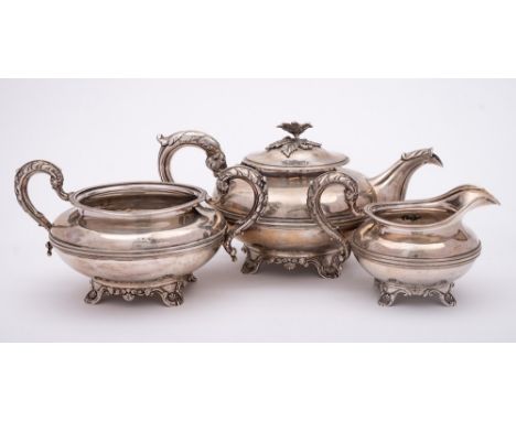  A William IV silver matched three-piece tea service: of squat globular form with reeded ribbed girdle on swept foliate feet,