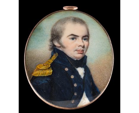 English School early 19th Century-A miniature portrait of a naval officer,:-head and shoulders, with powdered hair and blue e